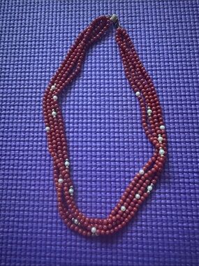 Multi-Strand Coral Beaded Necklace with Pearl Accents